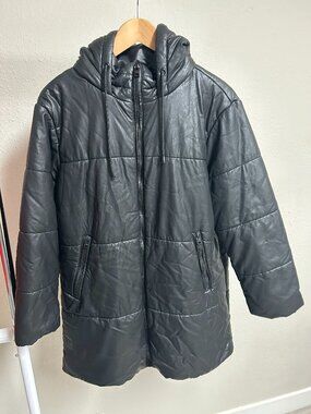 Marc New York Faux Leather Hooded Puffer Coat Black M